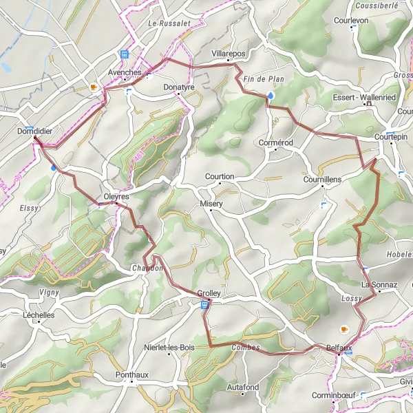 Mapa miniatúra "Gravelová cyklotrasa okolo Domdidier - Villarepos - Belfaux - Domdidier" cyklistická inšpirácia v Espace Mittelland, Switzerland. Vygenerované cyklistickým plánovačom trás Tarmacs.app