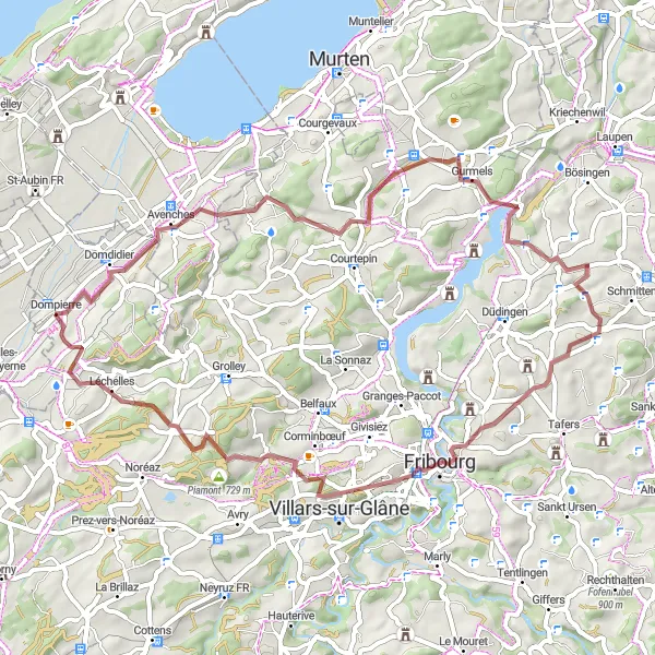 Mapa miniatúra "Gravelová cyklotrasa cez Villarepos a Fribourg" cyklistická inšpirácia v Espace Mittelland, Switzerland. Vygenerované cyklistickým plánovačom trás Tarmacs.app