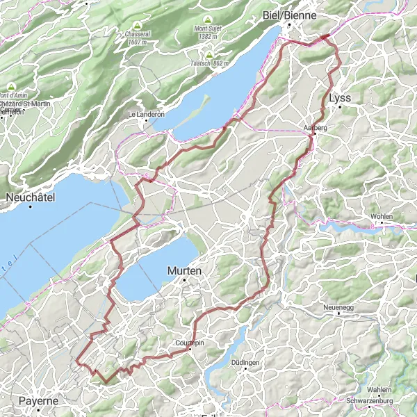 Mapa miniatúra "Gravelová cyklotrasa okolo Domdidier - Vallamand - Feiberg - Hagneck - Ipsach - Jäissberg - AARbiente - Niederried b. Kallnach - Ferenbalm - Courtion - Dompierre" cyklistická inšpirácia v Espace Mittelland, Switzerland. Vygenerované cyklistickým plánovačom trás Tarmacs.app