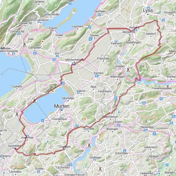 Map miniature of "Guevaux Castle and Mont Vully Gravel Adventure" cycling inspiration in Espace Mittelland, Switzerland. Generated by Tarmacs.app cycling route planner