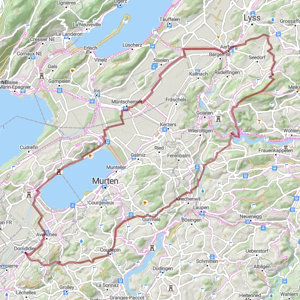 Miniaturekort af cykelinspirationen "Grusvej cykelrute til Gümmenen" i Espace Mittelland, Switzerland. Genereret af Tarmacs.app cykelruteplanlægger