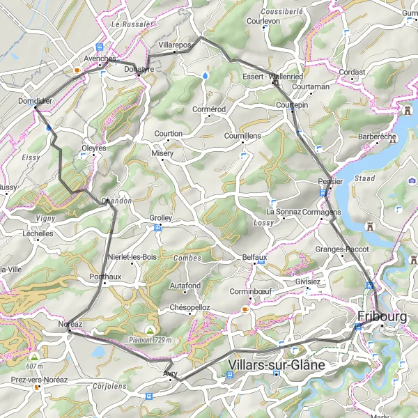 Kartminiatyr av "Rundtur till Fribourg via Essert och Noréaz" cykelinspiration i Espace Mittelland, Switzerland. Genererad av Tarmacs.app cykelruttplanerare
