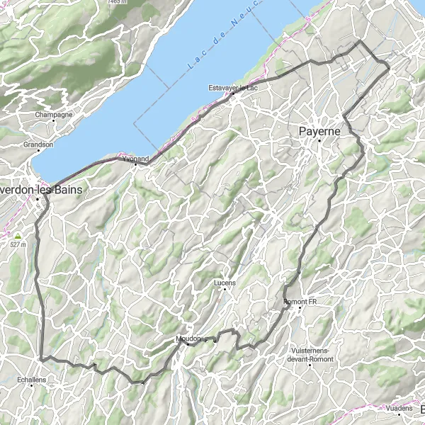 Map miniature of "Domdidier to Mannens" cycling inspiration in Espace Mittelland, Switzerland. Generated by Tarmacs.app cycling route planner