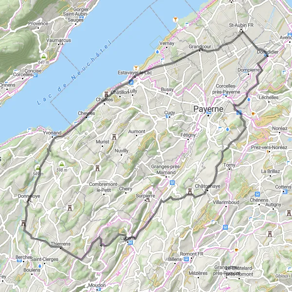 Map miniature of "Domdidier Ride" cycling inspiration in Espace Mittelland, Switzerland. Generated by Tarmacs.app cycling route planner