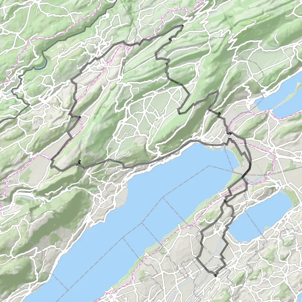Miniatua del mapa de inspiración ciclista "Ruta panorámica alrededor del lago de Neuchâtel" en Espace Mittelland, Switzerland. Generado por Tarmacs.app planificador de rutas ciclistas
