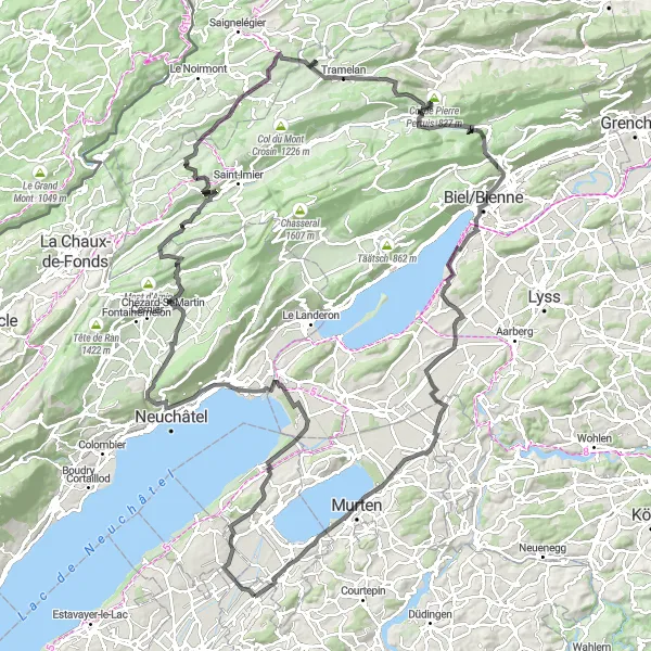 Miniatura mapy "Trasa z Domdidier - Villars-le-Grand - Château d'eau de Montmagny - Marin-Epagnier - Tête Plumée - Sonvilier - Petit Crêt - La Chaux-des-Breuleux - Les Reussilles - Col de Pierre Pertuis - Oberes Ried - Burg/Bourg - Kerzers - Meyriez - Domdidier" - trasy rowerowej w Espace Mittelland, Switzerland. Wygenerowane przez planer tras rowerowych Tarmacs.app