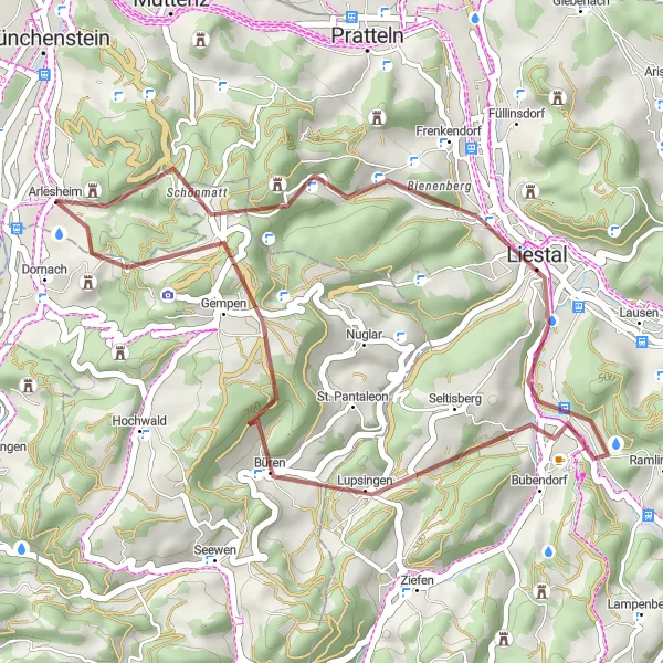 Zemljevid v pomanjšavi "Gorsko kolesarjenje okoli Arlesheima" kolesarske inspiracije v Espace Mittelland, Switzerland. Generirano z načrtovalcem kolesarskih poti Tarmacs.app