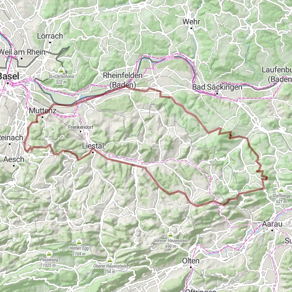 Karten-Miniaturansicht der Radinspiration "Gravelroute durch Muttenz und Sissach" in Espace Mittelland, Switzerland. Erstellt vom Tarmacs.app-Routenplaner für Radtouren