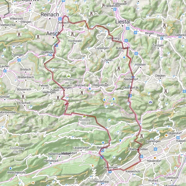 Mapa miniatúra "Gravelový okruh cez Oensingen a Nunningen" cyklistická inšpirácia v Espace Mittelland, Switzerland. Vygenerované cyklistickým plánovačom trás Tarmacs.app