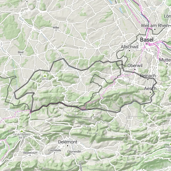 Miniatua del mapa de inspiración ciclista "Ruta de Dornach a Reinach" en Espace Mittelland, Switzerland. Generado por Tarmacs.app planificador de rutas ciclistas