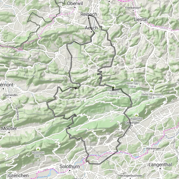 Map miniature of "Dornach-Dornach-Strick-Passwang-Mümliswil-Lehnflue-Oensingen-Wanneflue-Tannmattchopf-Vermes-Hochstelleli-Brislach-Eggflue-Duggingen" cycling inspiration in Espace Mittelland, Switzerland. Generated by Tarmacs.app cycling route planner