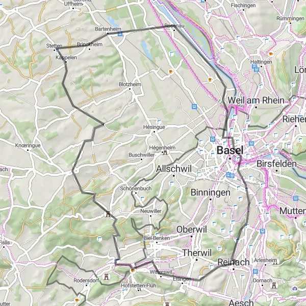 Map miniature of "Dornach-Hagenthal-le-Bas-Attenschwiller-Bartenheim-Isteiner Schwellen-Pfalz-Basel-Dornach" cycling inspiration in Espace Mittelland, Switzerland. Generated by Tarmacs.app cycling route planner