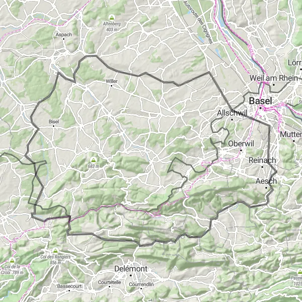 Karttaminiaatyyri "Dornach-Laufen-Hirtzbach-Hégenheim Round-trip Cycling Route" pyöräilyinspiraatiosta alueella Espace Mittelland, Switzerland. Luotu Tarmacs.app pyöräilyreittisuunnittelijalla