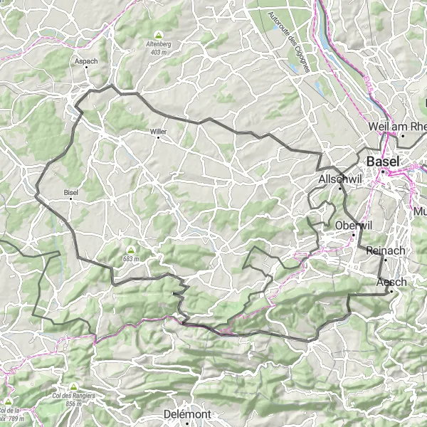 Karttaminiaatyyri "Dornach-Zwingen-Altkirch Round-trip Cycling Route" pyöräilyinspiraatiosta alueella Espace Mittelland, Switzerland. Luotu Tarmacs.app pyöräilyreittisuunnittelijalla