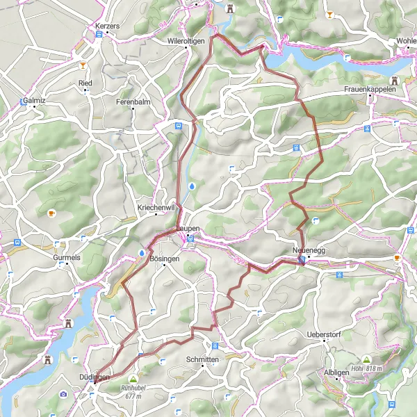 Miniatura della mappa di ispirazione al ciclismo "Giro in bicicletta da Düdingen" nella regione di Espace Mittelland, Switzerland. Generata da Tarmacs.app, pianificatore di rotte ciclistiche