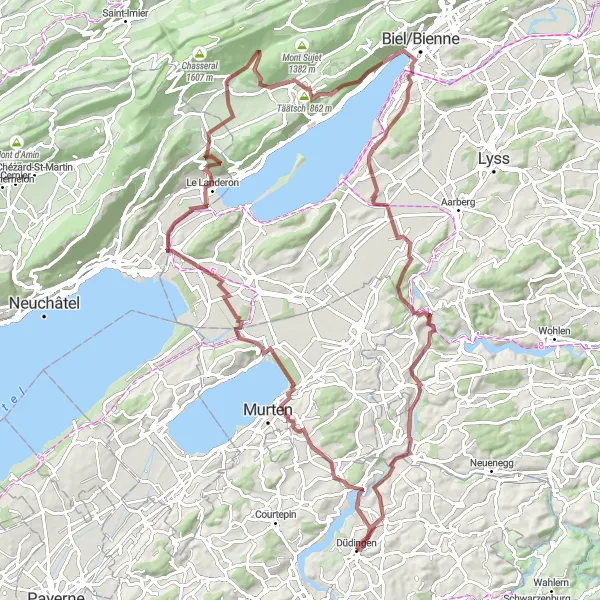 Mapa miniatúra "Gravel cyklo túra okolo jazera Morat" cyklistická inšpirácia v Espace Mittelland, Switzerland. Vygenerované cyklistickým plánovačom trás Tarmacs.app