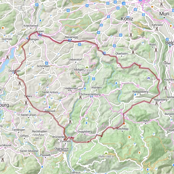 Miniatura mapy "Trasa rowerowa Gravel dookoła Düdingen" - trasy rowerowej w Espace Mittelland, Switzerland. Wygenerowane przez planer tras rowerowych Tarmacs.app