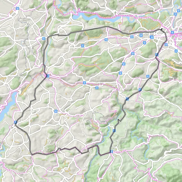 Miniatura della mappa di ispirazione al ciclismo "Scoperta in bicicletta da Düdingen a Veielihubel e Tafers" nella regione di Espace Mittelland, Switzerland. Generata da Tarmacs.app, pianificatore di rotte ciclistiche