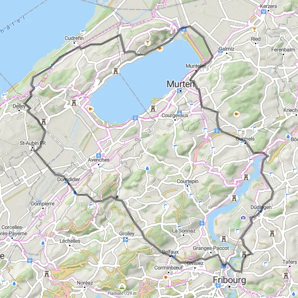 Mapa miniatúra "Pitoreskna cyklotrasa okolo jazera Morat" cyklistická inšpirácia v Espace Mittelland, Switzerland. Vygenerované cyklistickým plánovačom trás Tarmacs.app
