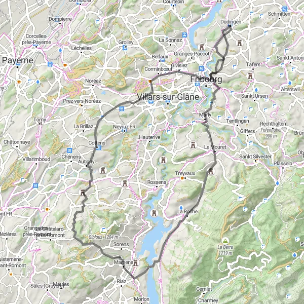 Miniaturní mapa "Road Cesta s výhledy kolem Düdingenu" inspirace pro cyklisty v oblasti Espace Mittelland, Switzerland. Vytvořeno pomocí plánovače tras Tarmacs.app