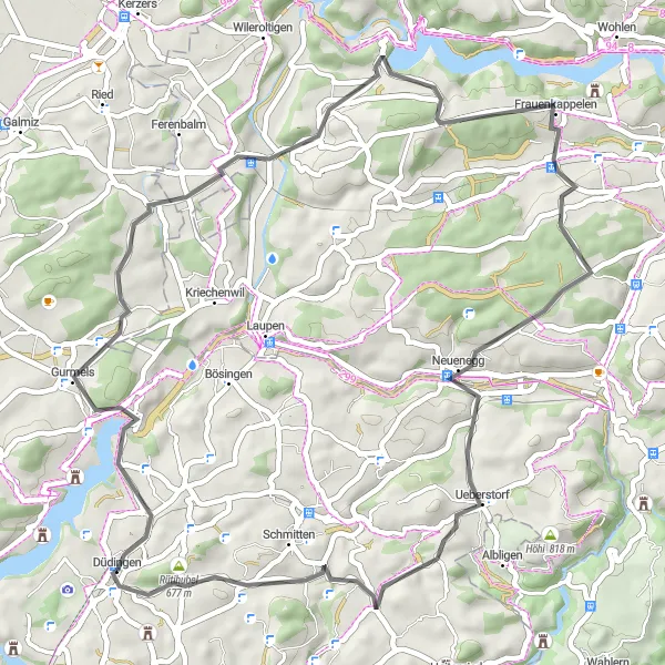 Miniaturní mapa "Cestní trasa kolem Düdingen" inspirace pro cyklisty v oblasti Espace Mittelland, Switzerland. Vytvořeno pomocí plánovače tras Tarmacs.app