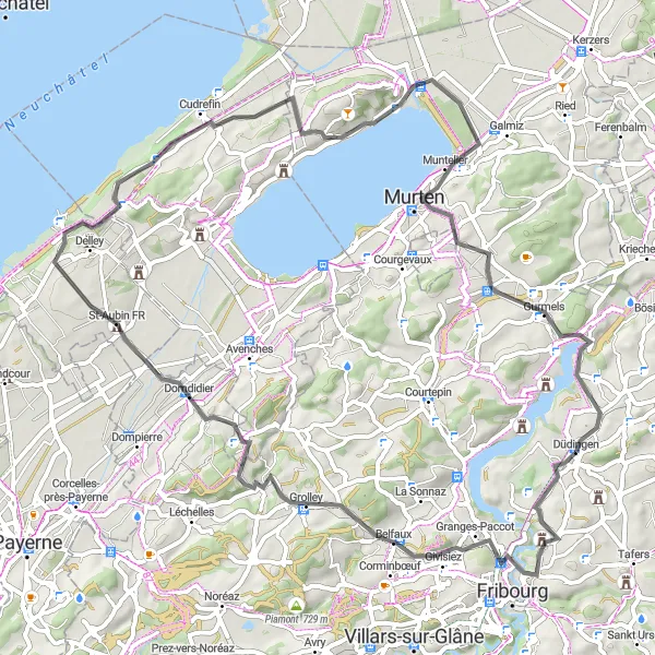 Kartminiatyr av "Sjarmerende rute rundt Düdingen" sykkelinspirasjon i Espace Mittelland, Switzerland. Generert av Tarmacs.app sykkelrutoplanlegger