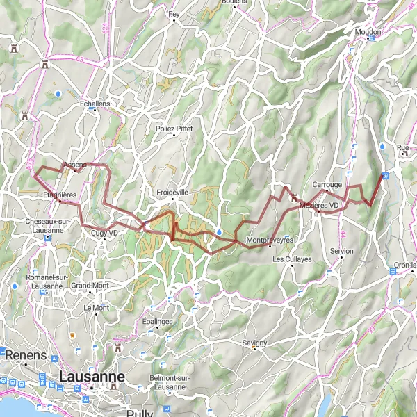 Kartminiatyr av "Grusvägar genom Corcelles-le-Jorat och Montpreveyres" cykelinspiration i Espace Mittelland, Switzerland. Genererad av Tarmacs.app cykelruttplanerare