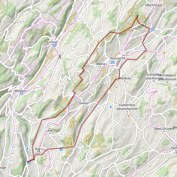 Miniatura della mappa di ispirazione al ciclismo "Giro in gravel da Ecublens a Château de Rue" nella regione di Espace Mittelland, Switzerland. Generata da Tarmacs.app, pianificatore di rotte ciclistiche