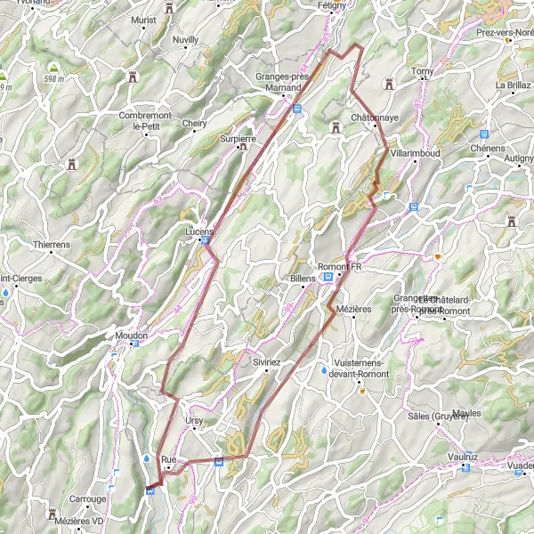 Miniatua del mapa de inspiración ciclista "Ruta de Ciclismo de Grava por Romont FR y Château de Rue" en Espace Mittelland, Switzerland. Generado por Tarmacs.app planificador de rutas ciclistas
