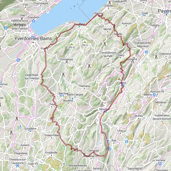 Miniature de la carte de l'inspiration cycliste "Challenge Gravel des Montagnes Vaudoises" dans la Espace Mittelland, Switzerland. Générée par le planificateur d'itinéraire cycliste Tarmacs.app