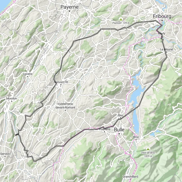 Miniatua del mapa de inspiración ciclista "Ruta Escénica por Villars-sur-Glâne y Lac de la Gruyère" en Espace Mittelland, Switzerland. Generado por Tarmacs.app planificador de rutas ciclistas