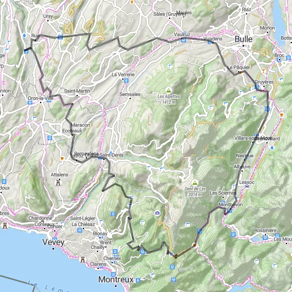 Karttaminiaatyyri "Grand Tour du Cantons de Fribourg" pyöräilyinspiraatiosta alueella Espace Mittelland, Switzerland. Luotu Tarmacs.app pyöräilyreittisuunnittelijalla