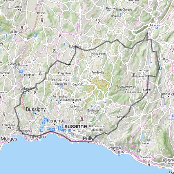 Map miniature of "Lausanne to Vevey Challenge" cycling inspiration in Espace Mittelland, Switzerland. Generated by Tarmacs.app cycling route planner