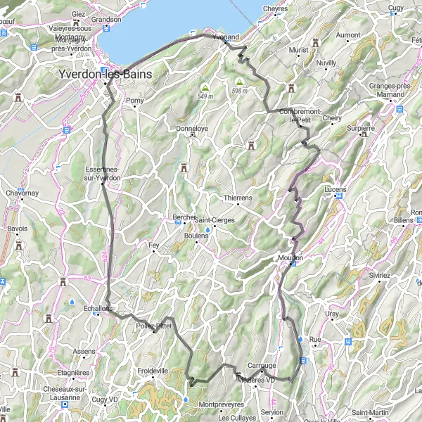 Miniatua del mapa de inspiración ciclista "Ruta de Ciclismo de Carretera Ecublens - Corcelles-le-Jorat - Echallens - Yvonand - Champtauroz - Moudon" en Espace Mittelland, Switzerland. Generado por Tarmacs.app planificador de rutas ciclistas