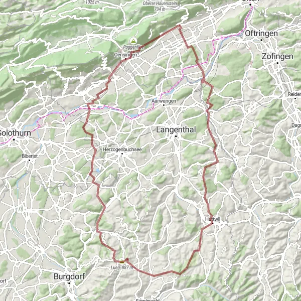Miniaturní mapa "Gravelokruh Egerkingen - 89 km" inspirace pro cyklisty v oblasti Espace Mittelland, Switzerland. Vytvořeno pomocí plánovače tras Tarmacs.app