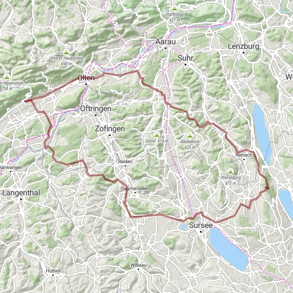 Miniatua del mapa de inspiración ciclista "Aventura en Grava a Egerkingen" en Espace Mittelland, Switzerland. Generado por Tarmacs.app planificador de rutas ciclistas