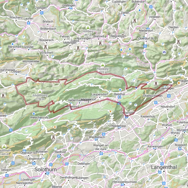 Kartminiatyr av "Mountains and Valleys Gravel Adventure" cykelinspiration i Espace Mittelland, Switzerland. Genererad av Tarmacs.app cykelruttplanerare