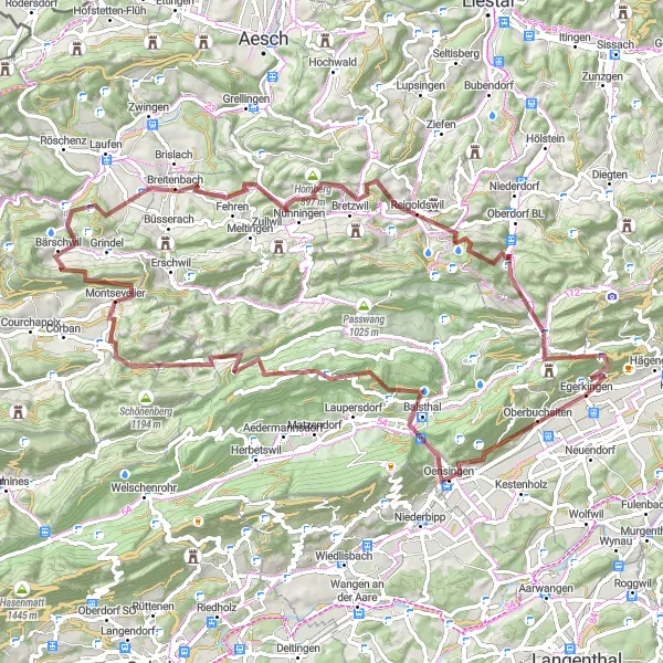 Miniatua del mapa de inspiración ciclista "Desafío de Grava desde Oensingen a Egerkingen" en Espace Mittelland, Switzerland. Generado por Tarmacs.app planificador de rutas ciclistas