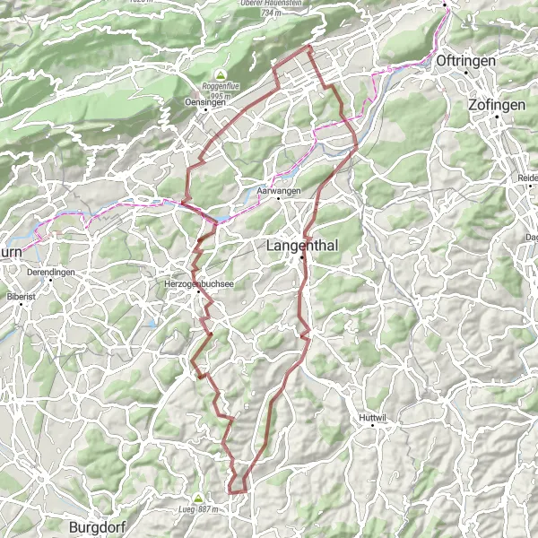 Miniaturní mapa "Gravelokruh Egerkingen - 77 km" inspirace pro cyklisty v oblasti Espace Mittelland, Switzerland. Vytvořeno pomocí plánovače tras Tarmacs.app