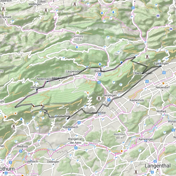 Map miniature of "Egerkingen-Oensingen Loop" cycling inspiration in Espace Mittelland, Switzerland. Generated by Tarmacs.app cycling route planner