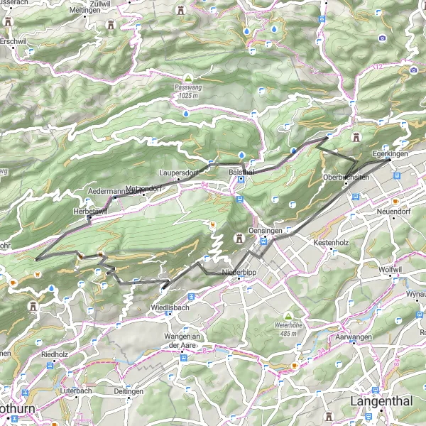 Miniaturekort af cykelinspirationen "Oensingen til Egg cykelrute (vej)" i Espace Mittelland, Switzerland. Genereret af Tarmacs.app cykelruteplanlægger