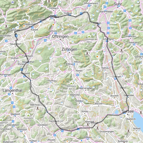 Kartminiatyr av "Olten Exploration Tour" cykelinspiration i Espace Mittelland, Switzerland. Genererad av Tarmacs.app cykelruttplanerare