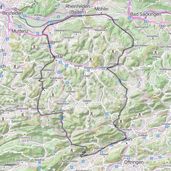 Miniatura della mappa di ispirazione al ciclismo "Giro Epico attraverso Waldenburg e Rheinfelden" nella regione di Espace Mittelland, Switzerland. Generata da Tarmacs.app, pianificatore di rotte ciclistiche