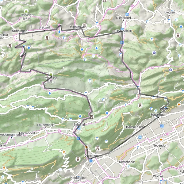 Miniatuurkaart van de fietsinspiratie "Wegrit door Waldenburg en Langenbruck" in Espace Mittelland, Switzerland. Gemaakt door de Tarmacs.app fietsrouteplanner