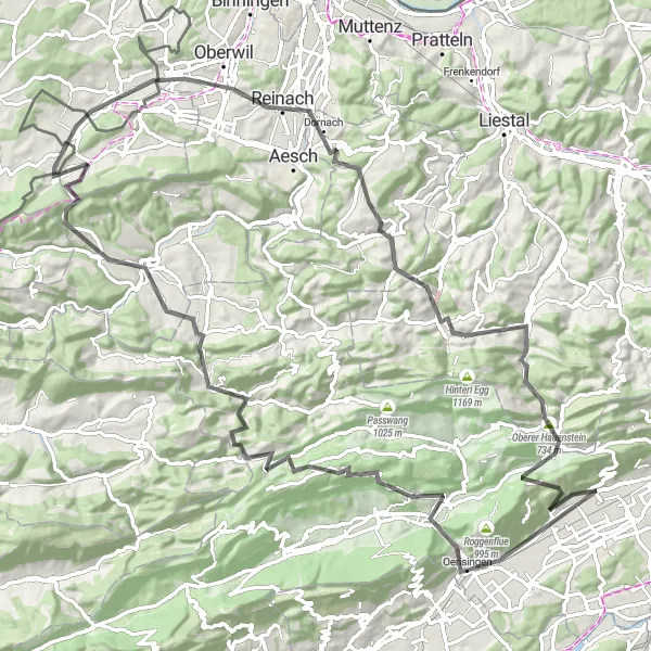Miniatura della mappa di ispirazione al ciclismo "Tour in Bicicletta Stradale da Egerkingen a Reinach" nella regione di Espace Mittelland, Switzerland. Generata da Tarmacs.app, pianificatore di rotte ciclistiche