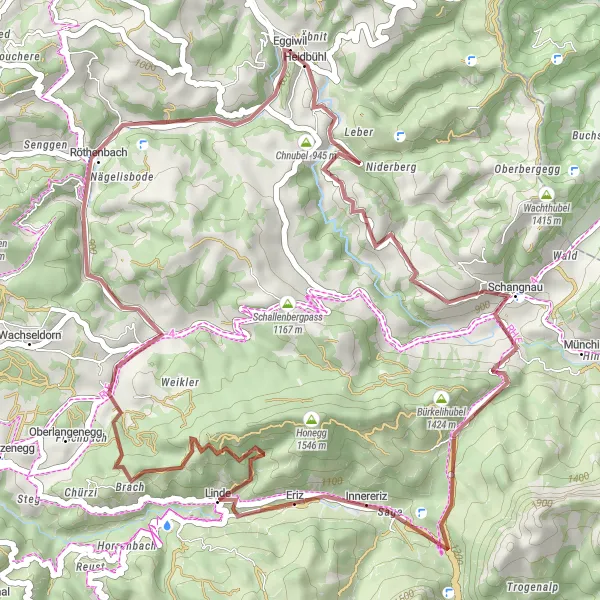 Mapa miniatúra "Trasa cez Eriz a Röthenbach" cyklistická inšpirácia v Espace Mittelland, Switzerland. Vygenerované cyklistickým plánovačom trás Tarmacs.app