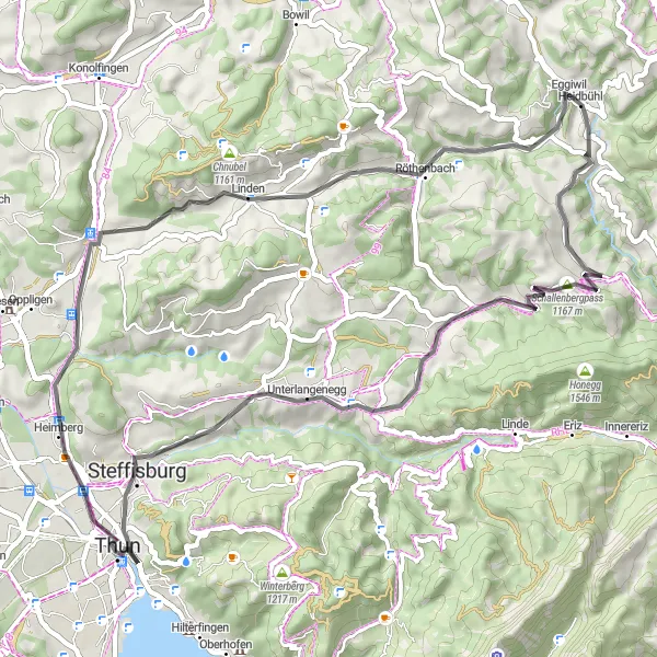 Zemljevid v pomanjšavi "Sproščujoča kolesarska tura v okolici Eggiwila" kolesarske inspiracije v Espace Mittelland, Switzerland. Generirano z načrtovalcem kolesarskih poti Tarmacs.app