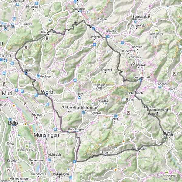 Miniatua del mapa de inspiración ciclista "Ruta de Ciclismo de Carretera de Eggiwil a Horben" en Espace Mittelland, Switzerland. Generado por Tarmacs.app planificador de rutas ciclistas