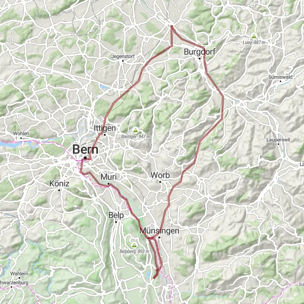 Miniature de la carte de l'inspiration cycliste "Défi dans l'Emmental" dans la Espace Mittelland, Switzerland. Générée par le planificateur d'itinéraire cycliste Tarmacs.app