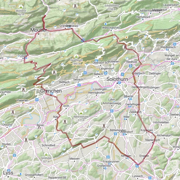 Zemljevid v pomanjšavi "Gorski vzponi in slikovita pokrajina" kolesarske inspiracije v Espace Mittelland, Switzerland. Generirano z načrtovalcem kolesarskih poti Tarmacs.app